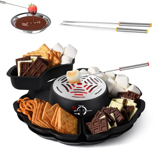 Fondue de Chocolate, 2 en 1 Fondue & S’mores Eléctrico, Aparato de Mesa para Interiores con 4 Tenedores para Tostar, 4 Bandejas Extraíbles y Calentador Sin Llama con Temperatura Regulable
