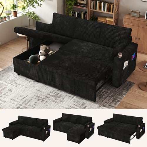3 In 1 Sofa Bed with Reversible Storage Chaise, L Shaped Couch with Pull Out Bed with Charging Station, Corduroy Pull Out Couch Bed with Cup Holder, Sleeper Sofa Sectional for Living Room (Black)