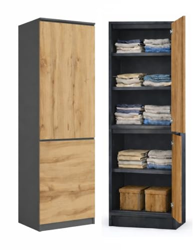 KUBUTKU Armadio multiuso, armadio per guardaroba, armadio con 2 ante e 5 scomparti, armadio universale per ufficio e casa, 180,5 x 50 x 40 cm (Grafite/Rovere Wotan)