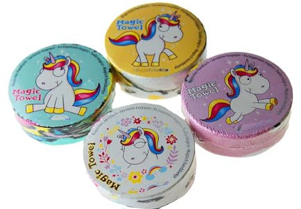 KAMACA 4er Set Magische Handtücher Baumwolle Zaubertuch für Kinder Zauberhandtuch Waschlappen Zaubertuch Mitgebsel Geschenkidee Kindergeburtstag Geschenk Reisen (4er Set Comic Einhorn)