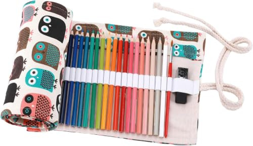 Amoyie Colouring Pencil Case 72 Slots, Roll Up Pen Holder, Pencil Wrap, Owl | Canvas Organiser Bag for Coloured Pen, Foldable Carrier for School, Outdoor Sketch, Artist Storage Bags, Large Capacity