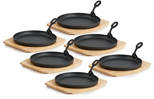 BBQ-TORO Sartén Redonda de Hierro Fundido para Servir con Base de Madera | Ø 22 cm | Curada - pre-Seasoned | Sartén de Barbacoa con Mango Extraíble | Sartén de Hierro Fundido, Paellera