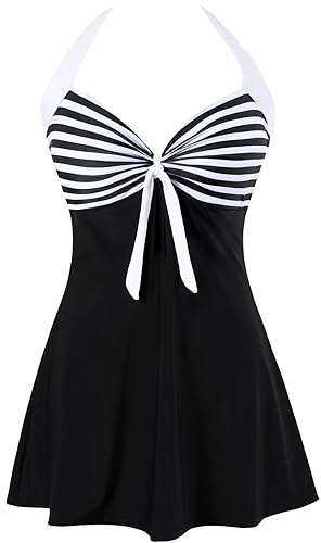 Sixyotie Femme Maillot de Bain Une Pièce Taille Haute Rétro Monokini à avec Jupette Fleur Amincissant (Whiteblack,4XL)