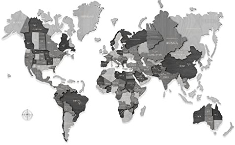 Kimy Design - Mappa del Mondo da Parete in Legno Grey | Dimensioni 80x123 cm | Planisfero Geografico a Puzzle 3D per Decorare i tuoi Ambienti: Soggiorno, Ufficio, Camera - Wooden World Map 3D