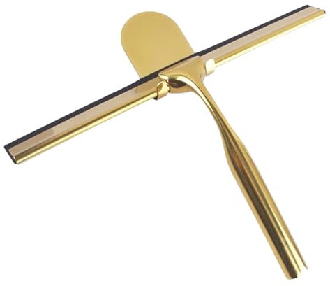 SHOPANTS Raclette de douche en acier inoxydable avec lame vers 25 cm et crochet adhésif mural pour portes de douche, salle de bain, fenêtre et vitre de voiture - Laiton (B)