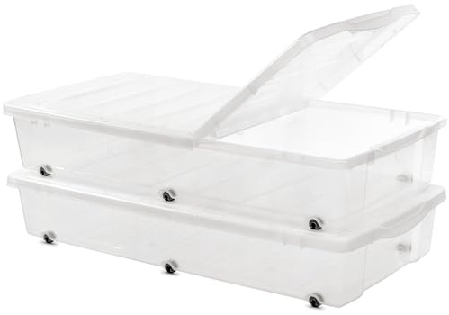Citylife 2 Packs 57 QT Plastic Under Bed Storage Bins with Double-opening Lids Clear Underbed Storage Containers with Wheels for Organizing Shoes, Blankets, Clothes
