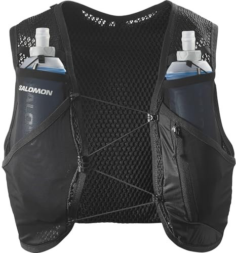 Salomon Active Skin 4 Unisex Hydrationsweste Trail running Wandern MTB mit Hydrationsflaschen, Einfache Flüssigkeitszufuhr, Präzise Passform, Optimierte Verstaumöglichkeiten, Schwarz, M