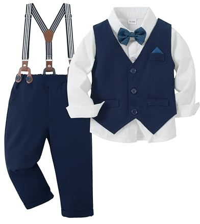 CARETOO Toddler Baby Boy Suit Formal Wedding Outfits Gentleman Clothes Long Sleeve Shirt Suspender Pants Bowtie 1-5T Christening Baptism Outfits