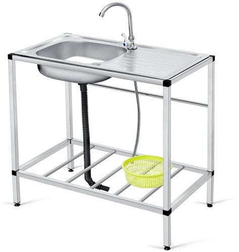 Tandefio Freestanding Outdoor Kitchen Utility Sink Set Stainless Steel Single Bowl Sink Portable Commercial Utility for Restaurant Cafe Bar Hotel Garage Laundry Room(Single Layer)