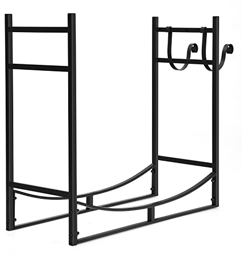 GYMAX Estantería de Metal para Leña con Soporte Extraíble para Leña, Soporte para Leña para Interior y Exterior, 84 x 33 x 76 cm, Color Negro