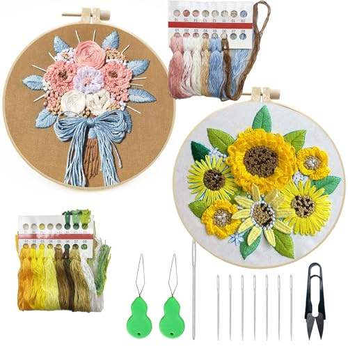 Allazone Kit de Inicio de Bordado, 2 Pz Juegos de Bordar con Patrones e Instrucciones, Kit de Bordado Principiantes, Kit de Herramienta con Aros de Bordado,Tela Bordada, Hilos de Colores(Girasol)