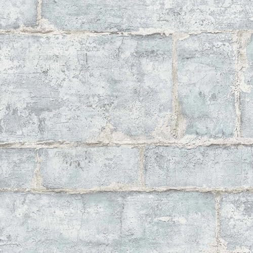 SOPHIE LAURENCE Realistic Stone Effect Light Blue Vinyl Wallpaper - Textured 3D Glitter Brick Wallpaper for Living Room Bedroom