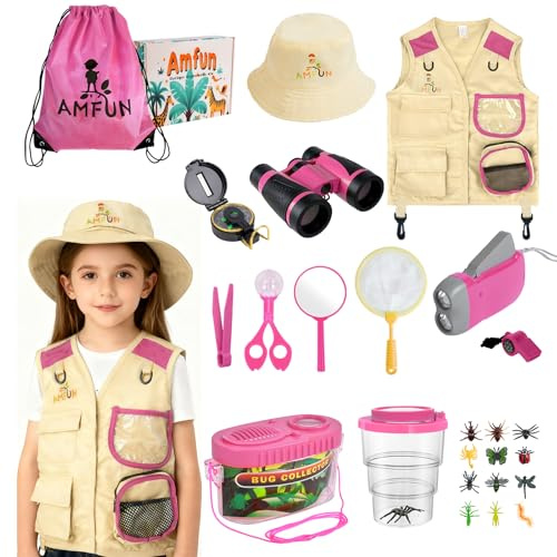 AMFUN Kit de Exploración para Niños 25 en 1,Rosa, Sombrero de Safari y prismáticos para niños, Equipo de Acampada para niños con Kit de exploración de escarabajos, con Chaleco de Safari,