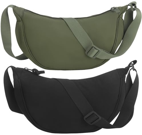 Firtink 2 Pack Crescent Bag for Women Men, Nylon Crescent Bags Dumpling Bag Hobos Crossbody Bags Purse with Adjustable Strap(olive green), ZHGC011399