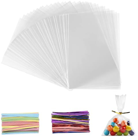 200 Pièces Sachet Bonbon, 10x15 cm Sachet Plastique Transparent Sacs Cellophane avec 200 Rubans Métalliques Pour Bonbons, Biscuits, Pain, Fruits, Etc. Parfaits Pour Les Fêtes De Cadeaux