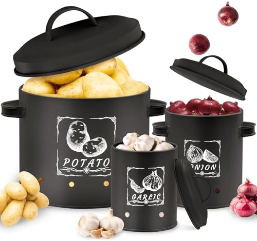Gigmeta 3 contenitori per patate, set versatile con sistema di ventilazione per mantenere le verdure fresche più a lungo, ideali per conservare cipolle e patate (nero)
