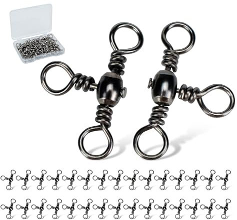 Piscorush 30Stück 3-Wege-Wirbel Angeln Wirbel Angeln 3fach Wirbel Angeln Kupfer Angelwirbel Karabiner Angel Karpfenangeln Zubehör Spinner Angeln (Schwarz Nickel, 30 Stück und Box, Größe #3 (31kg))