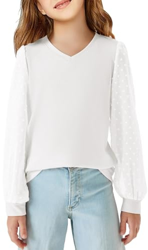 Haloumoning Camiseta de Manga Larga para niña, Cuello en V, Camiseta de Manga Larga, Informal, Blusa Suelta, para el Tiempo Libre, Linda y Suave para niños, Punto Suizo, Blanco, 10-12 años