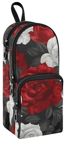 Red White Roses Pencil Case, Big Capacity Pen Bag with Compartment Students Schoolbag Shape Stationery Organizer Pencil Pouch Marker Case for School Office Work