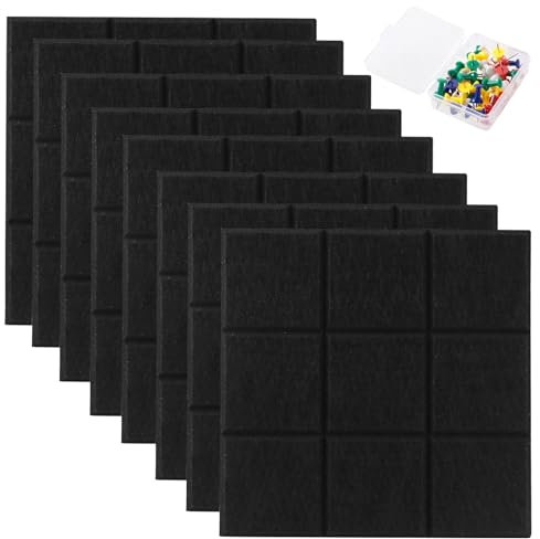 8 Piezas Corcho pared Autoadhesivo, Tablero de Corcho Grande, Pizarra de Corcho de Fieltro, 30x30cm Tablon de Anuncios, Paneles Corcho Pared con 1 Caja de Chinchetas, para Aula, Oficina (Negro)