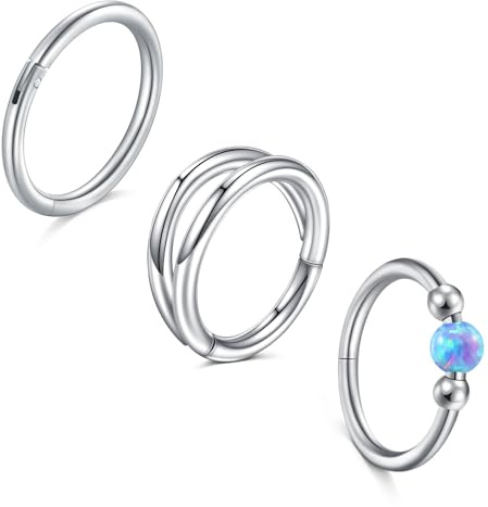 LAURITAMI 3PCS Nose Rings Hoops 18G Stainless Steel Opalite Nose Rings Gold Sliver for Women Double Nose Hoop 8mm/10mm Septum Rings Clicker for Cartilage Daith Helix Tragus Conch Piercing Jewelry