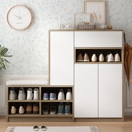 Zapatero y zapatero multifuncional con asiento acolchado, solución versátil para almacenamiento de zapatos con estantes ajustables para el pasillo, 140/T35/H110 cm (blanco)