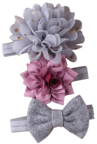 3 Stück Baby Haarbänder,Blumen Stirnbänder Schleife,Weich Turban Kopfband,Elastische Haarschmuck Kopfbedeckung,Haarreif für Baby Neugeborene,Kleinkinder,Taufe Party Fotografie,Grau