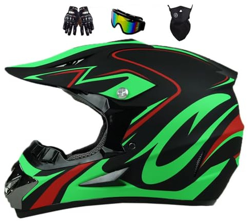 Motorradhelm Kinder, Fullface Downhill Motocross Helm, Jugend Crosshelm Helm Motorrad MTB Enduro Quad, Für Mountainbike MTB ATV Bergbuggy Sport Schutz, Mit Handschuhe Maske Brille(Green,M(54-55CM))