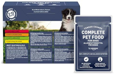 by Amazon Alimento completo para cachorros, Selección de carne en gelatina, 1.2kg (12 bolsitas de 100g)