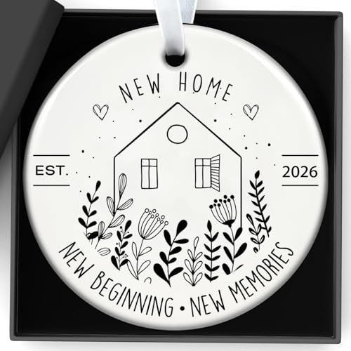 House Warming Gifts New Home 2026 Circle Ceramic New Beginning Memories With Gift Box Ornament for Send Keepsake Decorations Indoor Outdoor for Couples, Women, Colleagues, Teacher Happiness Decor