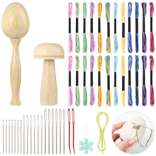 Darning Egg And Mushroom For Embroidery, Sewing Set For Clothes Carpets Socks, Large-Eye Needles, Rainbow Sewing Threads, Diy Handicraft Darning Supplies Kit