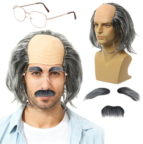 Juego de Pelucas de Abuelo, Gris Corta Peluca Abuelo de Hombre Gafas Barba Falsa Cejas, Científico Loco Disfraz para Halloween Navidad Cosplay Fiesta Temática