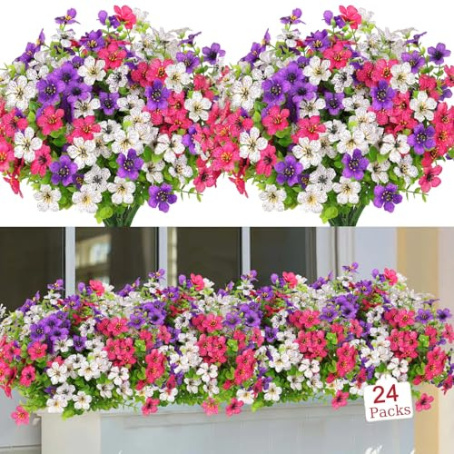 LOMOHOO 24 Bundles Artificial Flowers Outdoor UV Resistant Fake Flowers | No Fade Faux Plants Garden Porch Window Box Decorating (8 White, 8 Purple, 8 Magenta)