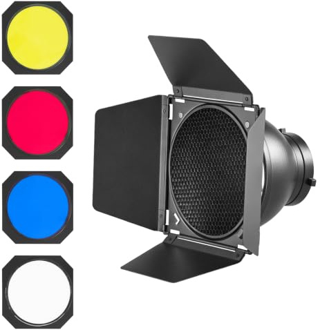 WELLMAKING Reflector estándar de alta reflectividad + puerta de granero de montaje Bowens con rejilla de panal y 4 filtros de gel de color, juego de modificador de luz de estudio para luces de video