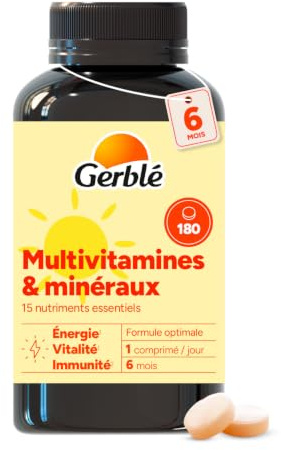 GERBLE - Multivitamines - 15 Nutriments Essentiels (Vitamines A,B, C, D, E) - Complément Alimentaire - Energie, Vitalité & Immunité - Vegan - Programme 6 Mois (180 Comprimés)