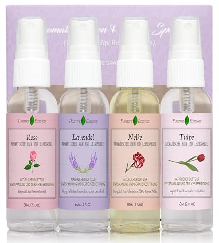 Pillow Spray Floral Gift Set, 4-Pack 60 mL (Lavender, Carnation, Rose, & Tulip) Natural Pillow Sprays Made with Pure Essential Oils & Minimal Ingredients, Bathroom Spray or Room Mist