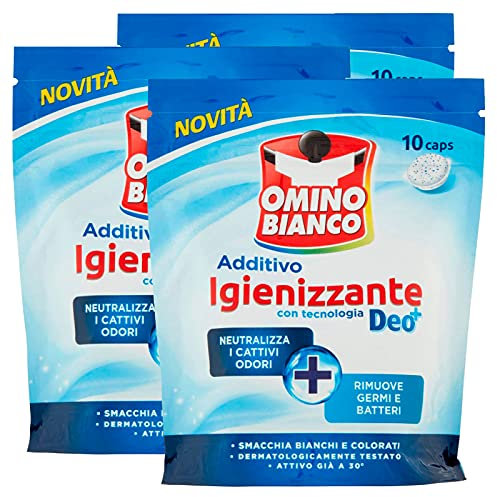 Omino Bianco - Additivo Igienizzante Idrocaps, Capsule Idrosolubili per Bucato, Tecnologia Deo+, Contro Batteri e Cattivi Odori, 3 Confezione x 10 Caps