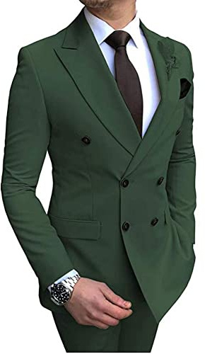 Traje de 2 piezas de ajuste regular para hombre, doble botón, solapa, novio, esmoquin, chaqueta, pantalón, traje de negocios, traje de boda, verde oscuro, 44