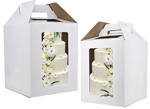 KBG Tall Cake Boxes for Tier Cakes 6pcs 14x14x16 and 16x16x18 Inches With Window With Handle,Disposable Large Cake Box for Wedding Cake Safe Transport Box