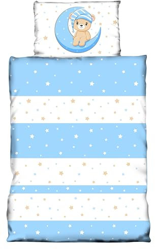 one-home Kinder Baby Bettwäsche 100x135 cm + 40x60 cm Teddy Bären Sterne Mond für Jungen und Mädchen weiche Mikrofaser Kinderbettwäsche Set, Farbe:blau
