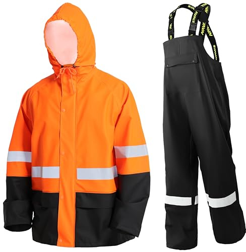 Navis Marine Traje de Lluvia Hombre Impermeable PU - Chaqueta y Peto Ajustable con Capucha Extraíble para Pesca, Construcción, Trabajo y Outdoor(Flour Orange,XL)