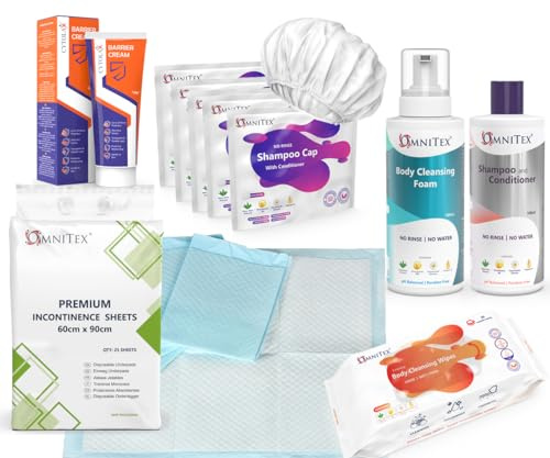 Incontinence Care Bundle - Large | Inc: 25pk Omnitex 60x90cm Bed Pads, 5x No-Rinse Shampoo Cap, 80pk Body Wipes, 120g Pressure Sores Barrier Cream, 500ml Body Cleansing Foam & 500ml Rinse-free Shampoo