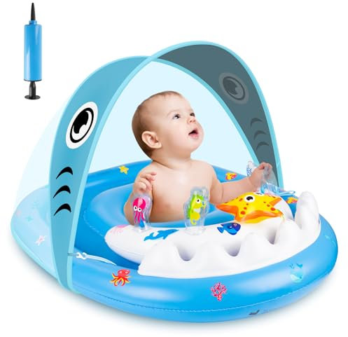 Parner Schwimmring Baby mit Sonnenschutzdach & Spielzeug, Mitwachsende Schwimmhilfe für Babys von 6 Monate bis 3 Jahre,Verstellbarer Sicherheitssitz, Perfekter Schwimmtrainer zur Förderung der Motorik