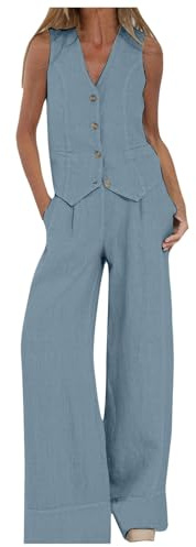 Fulidngzg Completi da Donna 2 Pezzi Set Gilet Con Scollo a V Senza Maniche Pantaloni a Gamba Larga Casual Taglie Forti Completo Set Estate Lino Abbinato Tuta Eleganti Donna Estivo
