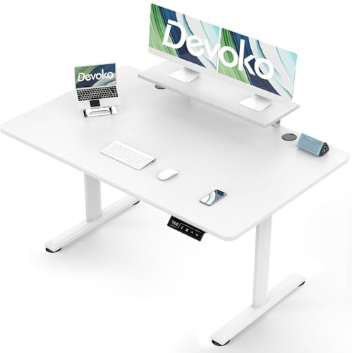 Devoko 140×60cm Escritorio Eléctrico de Altura Ajustable, con Soporte de Monitor, Escritorio de Ordenador, con 2 Funciones de Memoria de Altura, para Dormitorio, Estudio, Oficina