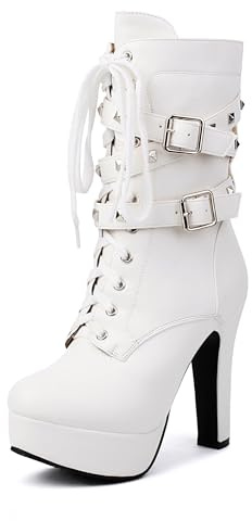 ForeMode Women Autumn Round Toe Lace up Ankle Buckle Chunky High Heel Platform Knight Boots(WhiteS-6,7.5)