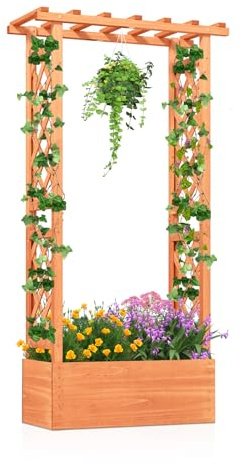 COSTWAY Letto da Giardino Rialzato con Traliccio, Fioriera Rialzata in Legno con Tetto Pendente, Fori di Drenaggio per Piante Rampicanti, Fiori e Verdure (Arancione)