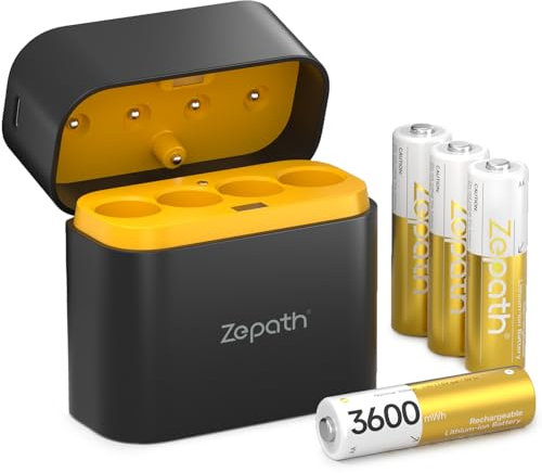 Zepath Pilas Recargable AA de Litio con Cargador, 3600mWh Capacidad Alta Paquete de 4 Salida Constante de 1,5 V Pilas AA Recargables, Portátil Pilas Recargables para Ratón,Gamepad, Cámara