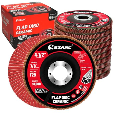 EZARC Disco lamellare con grana 120, 115 mm, mola in ceramica, tipo 29, per acciaio inossidabile, metalli non ferrosi, ghisa e lamiere, confezione da 10
