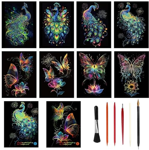 VPAFPEKG Dessin a Gratter Adulte, 8 Carte a Gratter Enfants Adulte, Tableau a Gratter A4 Scratch Paper Painting Scratch Art Kit pour Enfants Adultes Artisanat Chambre Home Decor Cadeau d'anniversaire